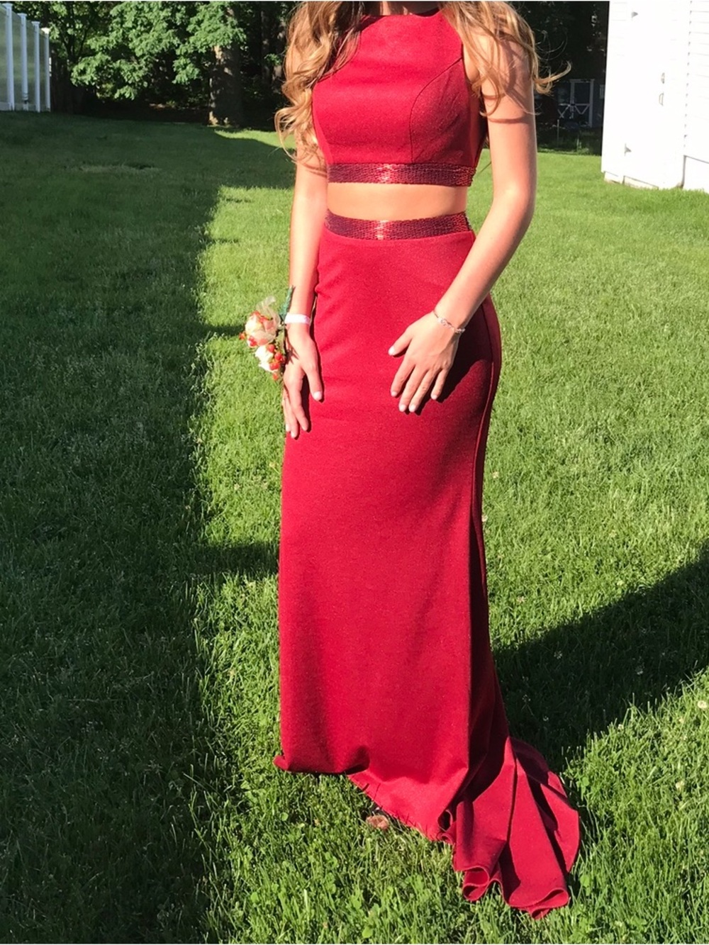 Red Two-Piece Prom Dress with Sequin Trim